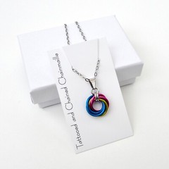Pansexual pride pendant, chainmail love knot handmade by TattooedAndChained