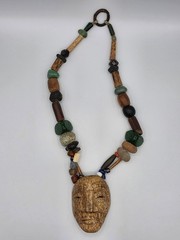 Vtg Handmade Tribal Style Necklace w/ Large Carved Wood Face Pendant