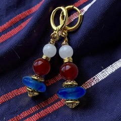 Red , White & Blue Patriotic Krobo Glass & Agate Artisan 35 mm Drop Earrings