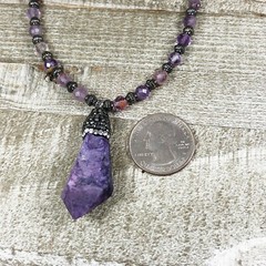 Purple Quartz Crystal with Rhinestone Bail and Faceted Phantom Quartz Beads