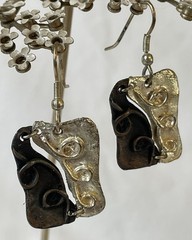 90s Artisan Abstract Jewelry Set Earrings Bracelet Swirl Bronze Silver Rustic
