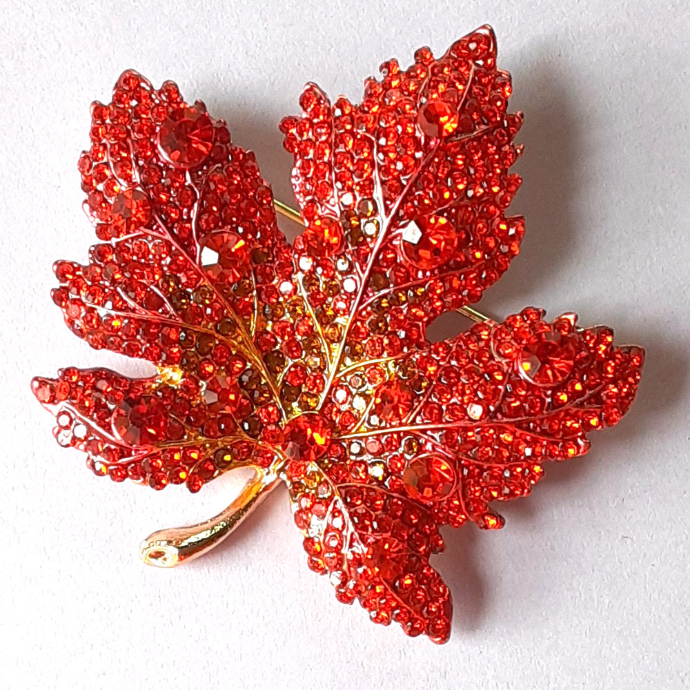 red orange FALL LEAF Brooch Glass AB crystals GIFT BOX Gold tone #BR10