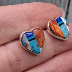 Native Southwestern Inlay Stud Earrings Heart Shape Multi Color Sterling Silver