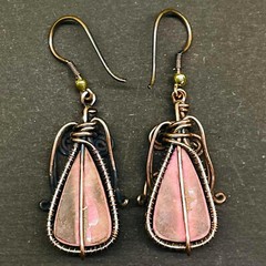 Natural Rhodonite Gemstone Copper Wire Wrapped Handcrafted Earrings 41x19mm