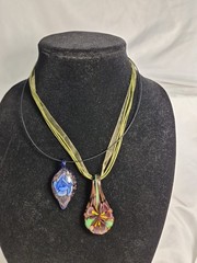 2- Glass Pendant Necklaces Blue & Amber Swirl 14″ Black Cord Purple Green Iris