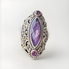 Sarda Sterling Silver 925 Artisan Of Bali Triplet Amethyst Marquise Ring, Size 7