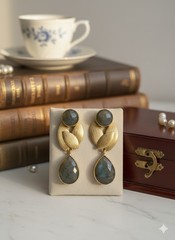 Handmade Indian Gold Leaf Earrings – Genuine Labradorite Teardrop – Nickel Free