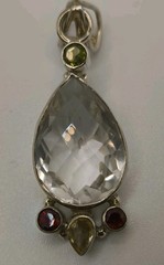 Rock Quartz Clear Crystal Teardrop Pendant W/ Garnet Peridot & Topaz 925 #0071