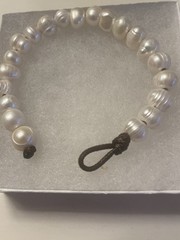 White Natural Pearl Bracelet on a Brown Cord Loop 6 3/4 inch Handmade Boho