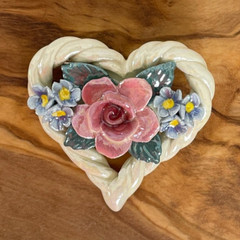 Handmade CERAMIC HEART ROSE Flower Forget Me Nots 3D Pottery Vtg Artisan Brooch
