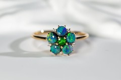 Black Opal, Tsavorite Diamond Floral Engagement Ring in 14K Gold