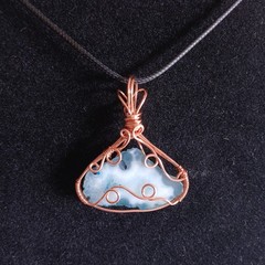 Copper wire wrapped teal blue agate slice pendant with black cord necklace…