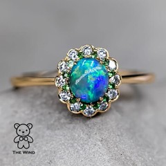 Halo Diamond Australian Semi-Black Opal Tsavorite Engagement Ring 18K Gold