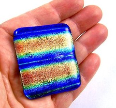 Large DICHROIC Glass PENDANT + Pin 45mm Orange Blue Gold Rainbow Striped Square
