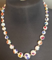 Murano Millefiori White Milk Glass Graduated & Knotted Brass Cap Bead Necklace