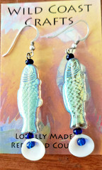 Blue Iridescent Czech Glass Fish Dangle and Shell Earrings