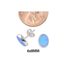 Sterling Silver Opal Gemstone Stud Earrings Periwinkle Green 7mm x 9mm Oval