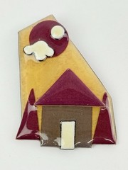 Vintage 3D Lucinda House Pins Brooch Maroon Moon & Trees Cloud House 2-1/2”
