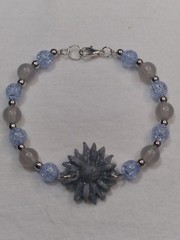 Handcrafted Silver Memory Wire Blue Gray Beaded Bracelet Polymer Clay Pendant