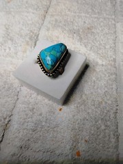 SALE. Mosaic Turquoise Ring. Set In Tarnish-Resistant Tibetan Silver. Size 7