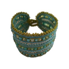 Beaded Cuff Bracelet Boho Style Handcrafted Unique Shades- Turquoise Teal Green