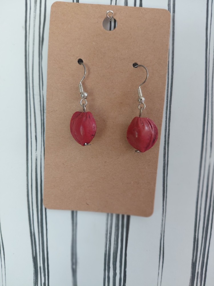 Red Organic Seed Bead Handmade Dangle Earrings Boho Style