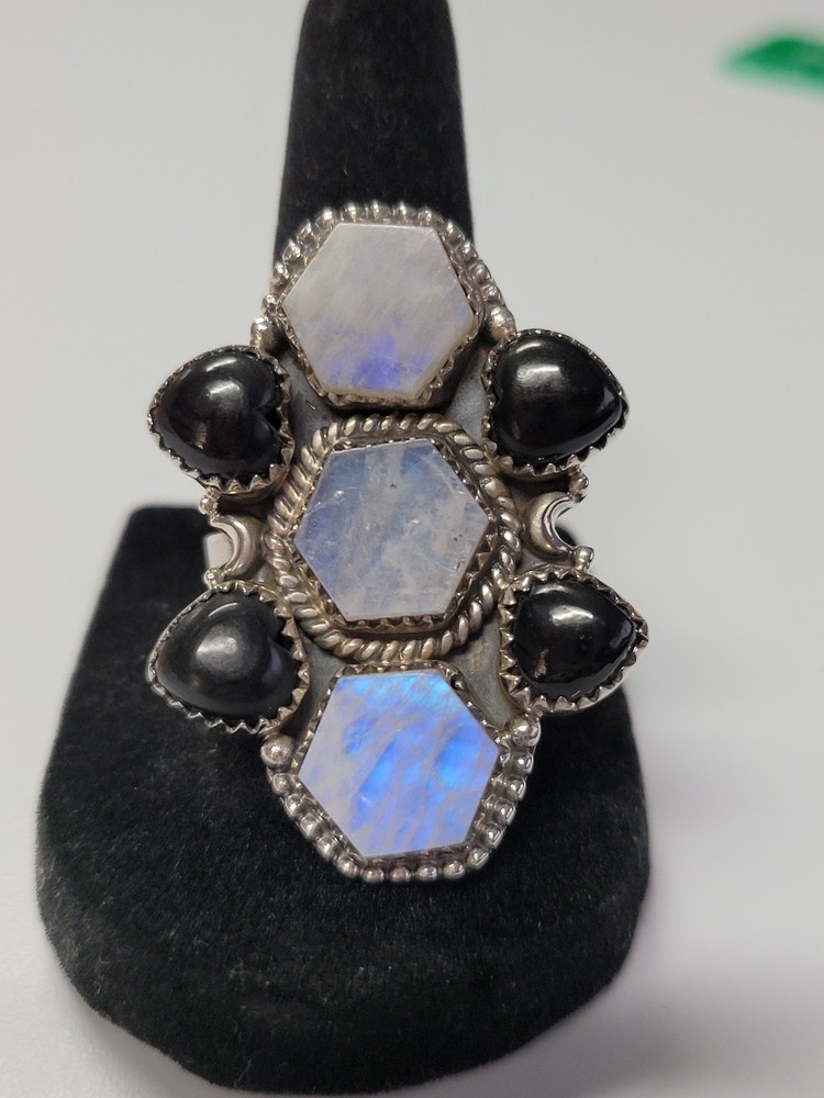 SS 925 Rainbow Moonstone & Black Onyx ring. SS 925. Adjustable, full silver back