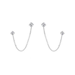 4 Prong CZ Round Stud With Chain Cuff S925 Sterling Silver Earrings for Women…
