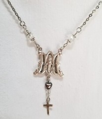LOVELY VM Pendant NECKLACE (Virgin MARY) w/Clear Crystals + Heart & Cross Charms