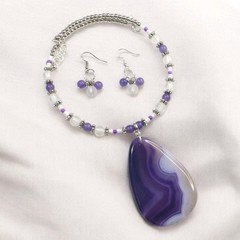 Handcrafted Beaded Silver Memory Wire Choker Earring Set Purple Agate