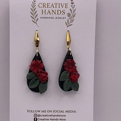 Handmade Black Teardrop Red Rose Earrings Polymer Clay Floral Jewelry