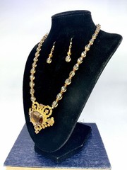 Artisan Smoky Quartz Bead Necklace & Earrings Set Orange Rhinestone Sterling TU
