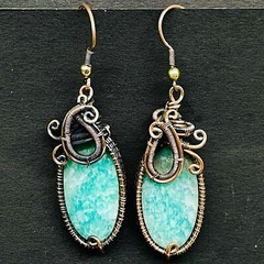 Natural Amazonite Gemstone Copper Wire Wrapped Handcrafted Earrings 45x18mm