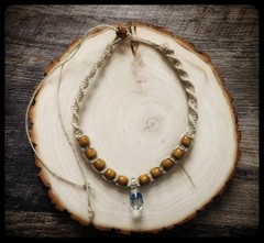 Hemp Necklace with Blue Double Glass Mushroom & Medium Brown Wood Beads
