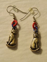 Sitting Silvertone Cat Earrings with Hot Pink and Bright Blue Accents