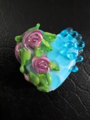 Artisan Glass Heart Lampwork Bead Blue & Pink Roses Leaves Artist Hand Made
