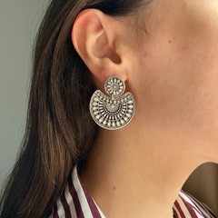 Boho Antique Silver Fan Dangle Stud Earrings Sunburst Cutout Ethnic Jewelry