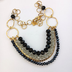 Layered Bib Necklace Gold Tone Black Gray Crystal Israeli Artisan Statement 90s