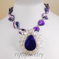 Mother of Pearl Necklace Agate & Crystal Pendant & Silver Clasp 18-21″ FREE SHIP