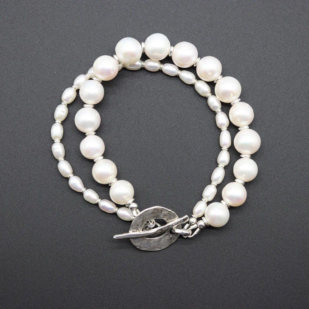 Double Strand Freshwater Pearl Bracelet with Handcrafted Rustic Toggle Clasp