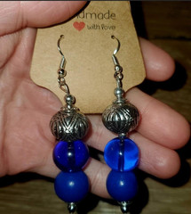 Handcrafted Blue Glass & Wood Beaded Dangle Drop Earrings Silver Tone Accents