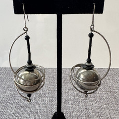 Vtg Spiral Artisan Earrings Spheres Drops Hooks Retro Glam Saturn Inspired 3.25″
