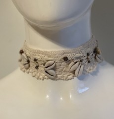 Ivory Crochet Lace Cowrie Shell Seed Bead Choker Necklace Adjustable Gift Boxed