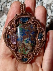 Azurite Malachite Appetite Amethyst Copper Wire wrap Pendant Statement Piece 2″