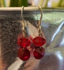 Swarovski crystal sterling silver earrings, wire wrapped, red, garnet red