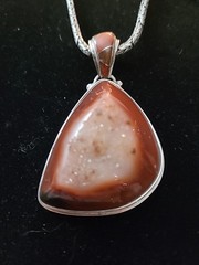 Vintage Signed Sterling Silver Agate Druzy 2″ Pendant on 18″ Necklace Earthtones