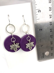 Handmade Purple Clay Leaf Hoop Earring, Silver Plated Hooks