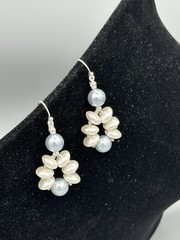 White Gold Plated, Light Blue Shell Pearl, White Glass Pearl Dangle Earrings