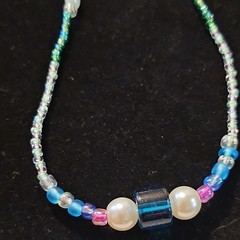 Beaded Necklace Multicolor Glass Blue Pink Green White Round Lobster Clasp