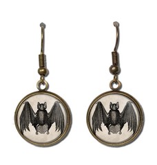 Vintage Art of Black Bat Halloween Handmade Round Resin Dangling Earrings 16mm